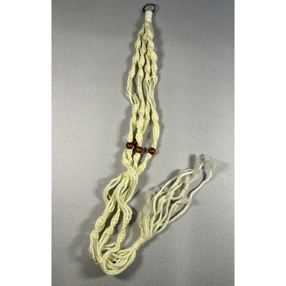 MCM Handmade Macramé Plant Hanger Boho Yellow Rope with Wood Beads 56" Vintage